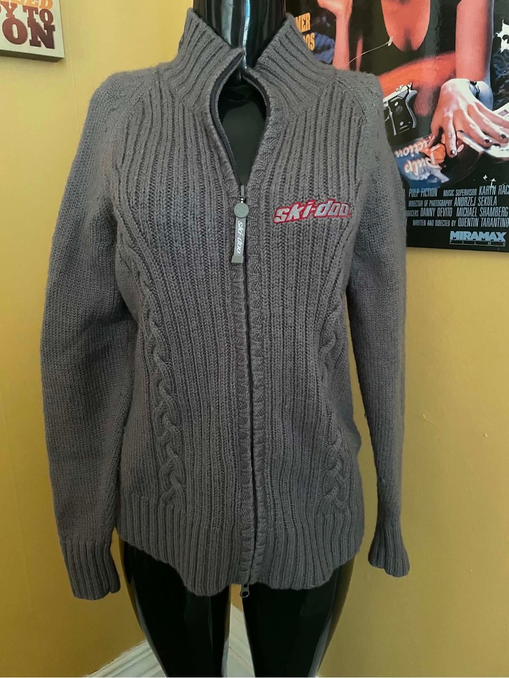 Ski-Doo 100% Wool Cable Knit Full Zip Sweater Jacket High Neck Grey XL